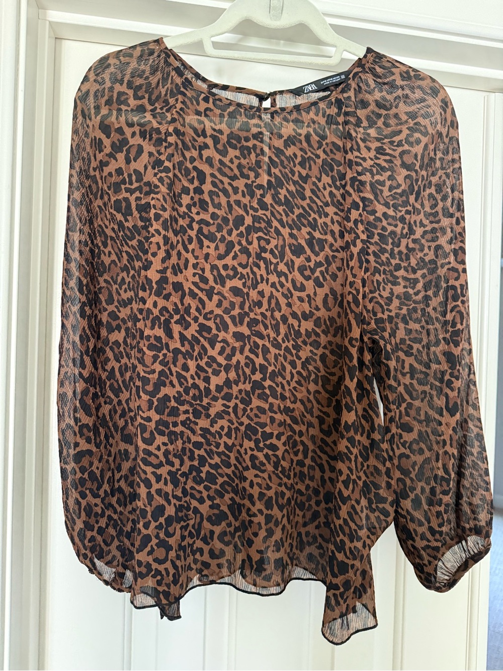 Zara Black and Brown Leopard Print Sheer Blouse